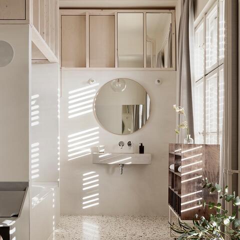 A light-dappled bathroom space at Michelberger Hotel in Berlin