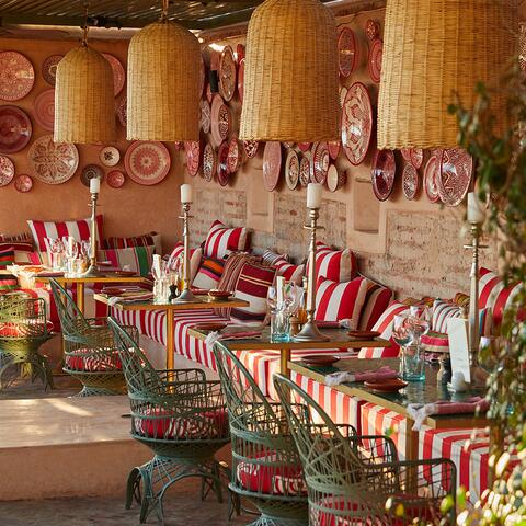 Candy-striped terrace seating