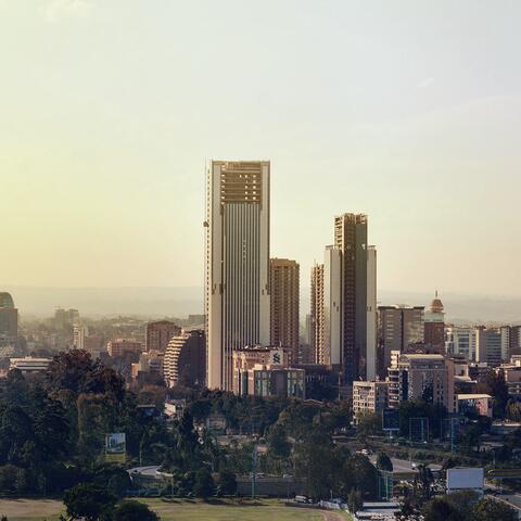 Buildings in Nairobi, Kenya at sunset